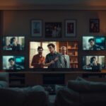 Streaming shows displayed on multiple screens in a modern living room