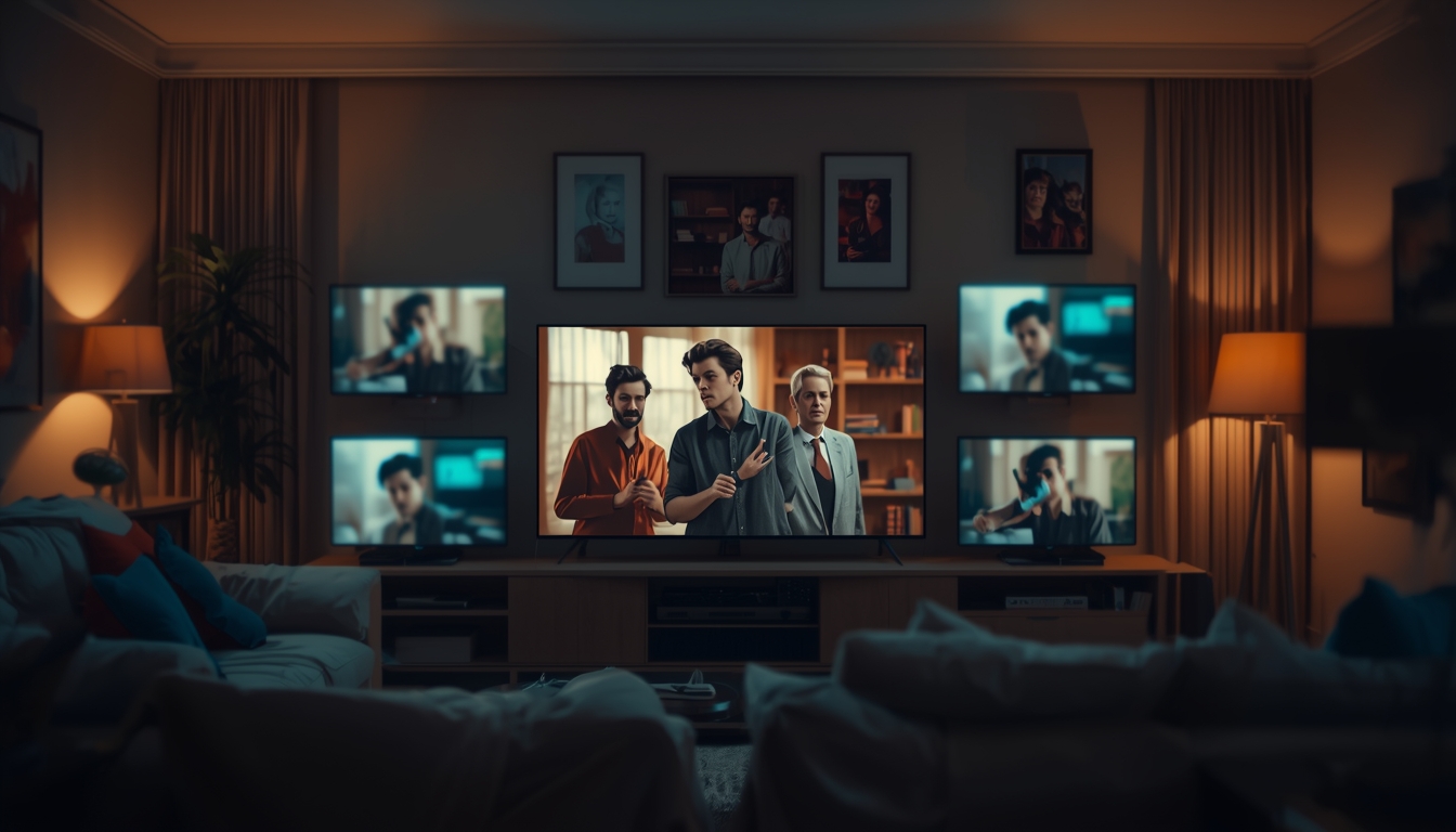 Streaming shows displayed on multiple screens in a modern living room