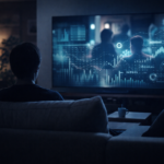 Thoughtful viewer analyzing streaming content in a modern living room at night