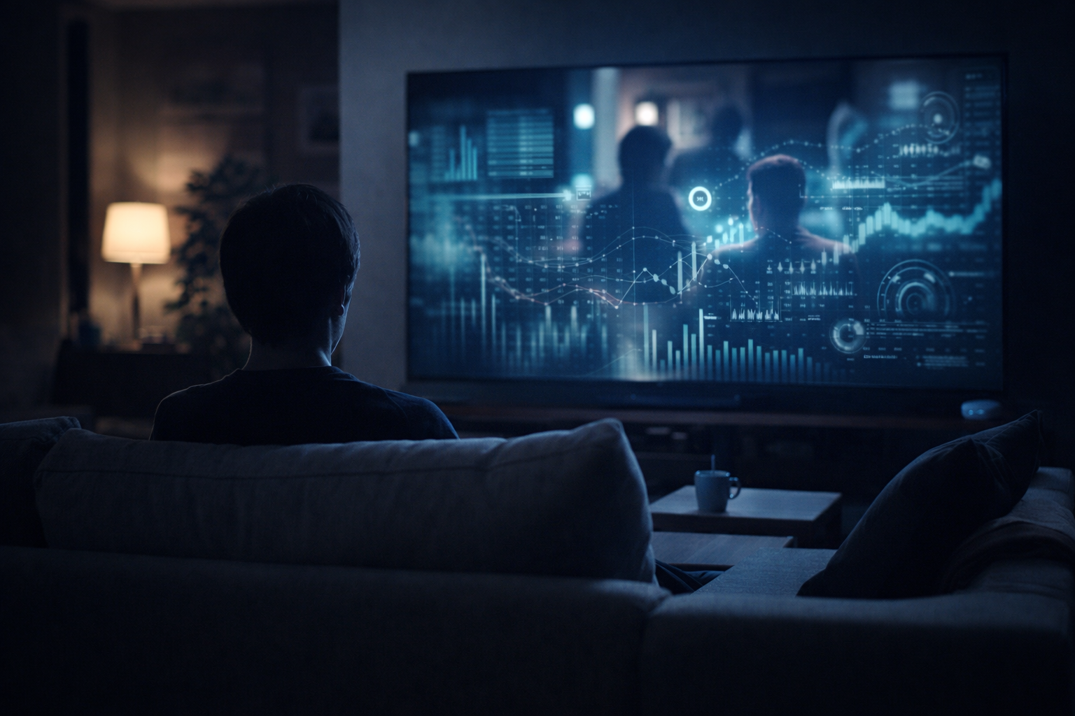 Thoughtful viewer analyzing streaming content in a modern living room at night