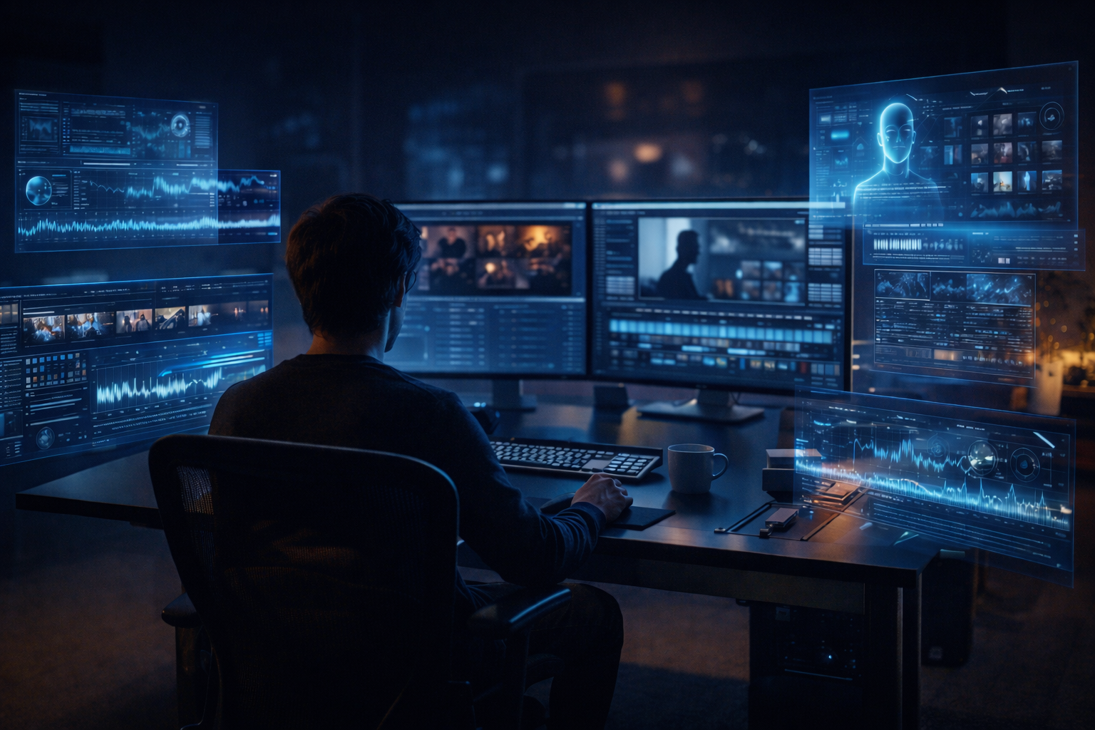 AI-powered streaming production studio with data interfaces and editing tools in 2026