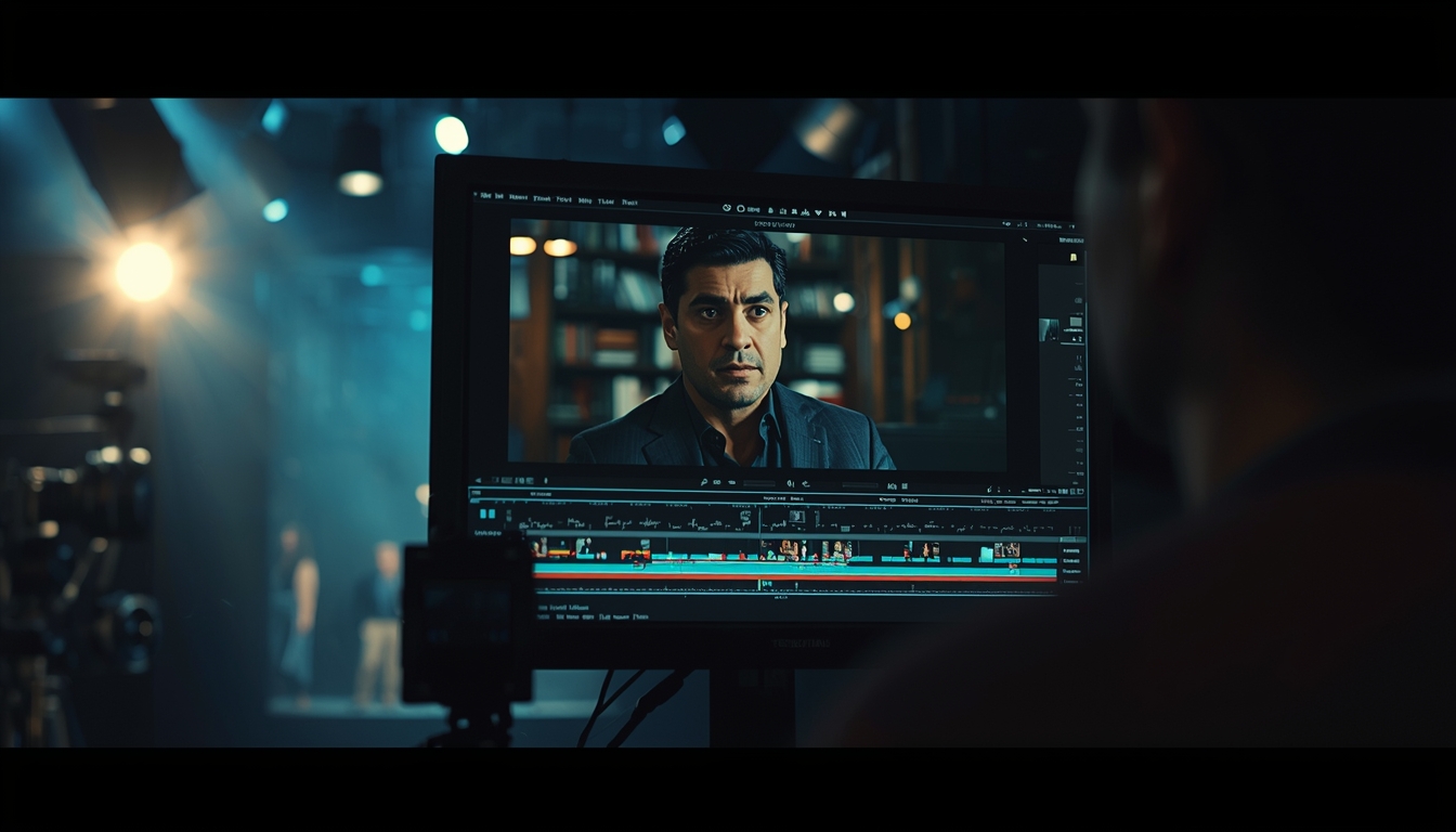Editor reviewing a dramatic television scene on a professional monitor