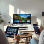 Person comparing streaming platforms on multiple devices in a modern living room