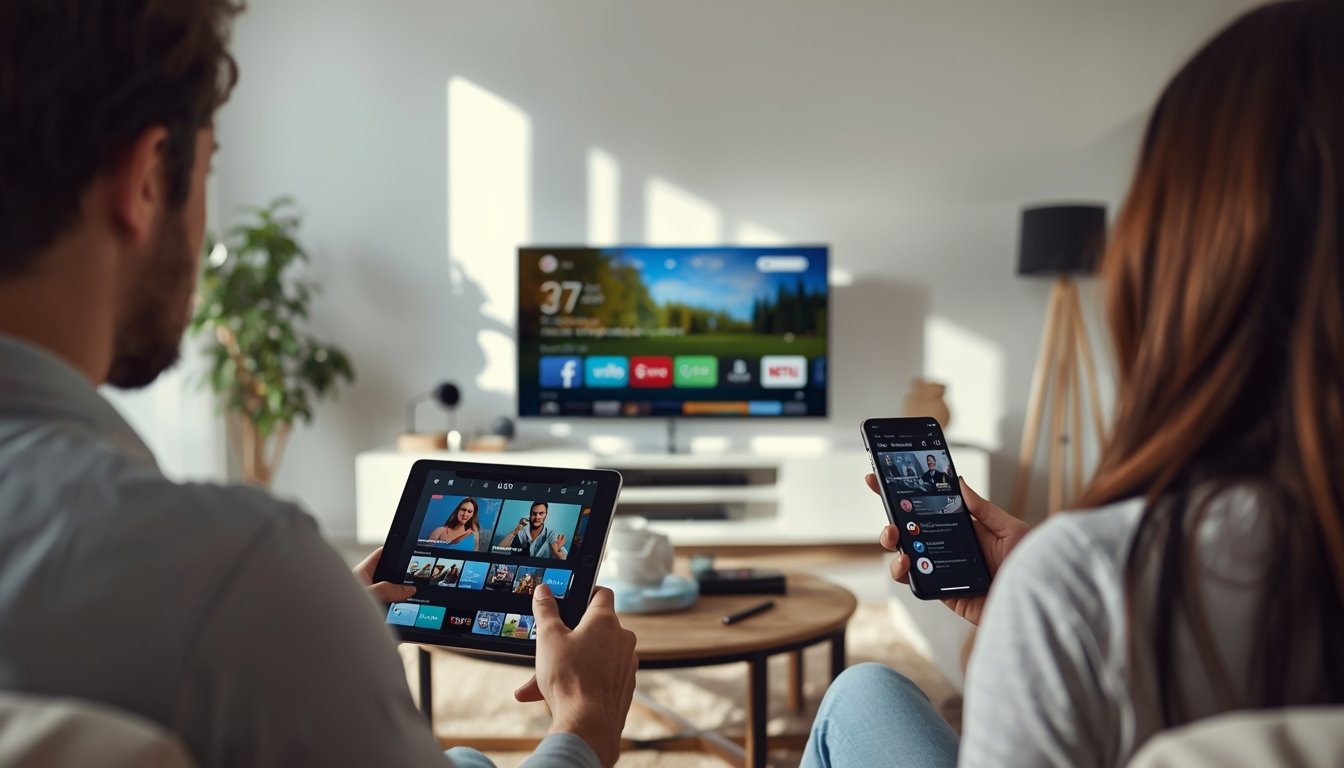Person comparing streaming platforms on multiple devices in a modern living room