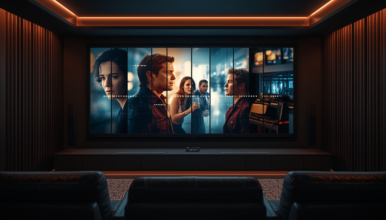 Home theater displaying episodic-style movie structure on a large screen