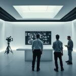 Filmmakers working in a minimalist premium streaming production studio