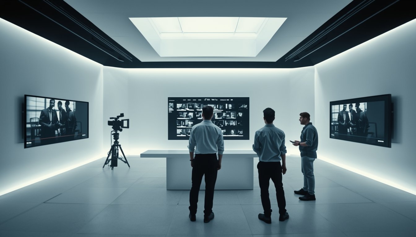 Filmmakers working in a minimalist premium streaming production studio
