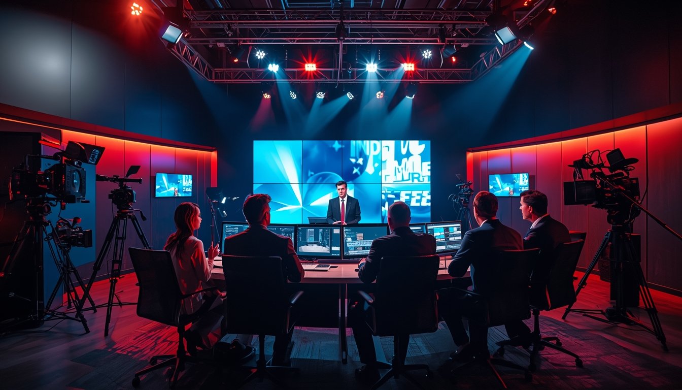 Executives and filmmakers discussing streaming strategy in a premium TV studio