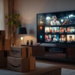 Modern living room with streaming TV and online shopping ecosystem integration