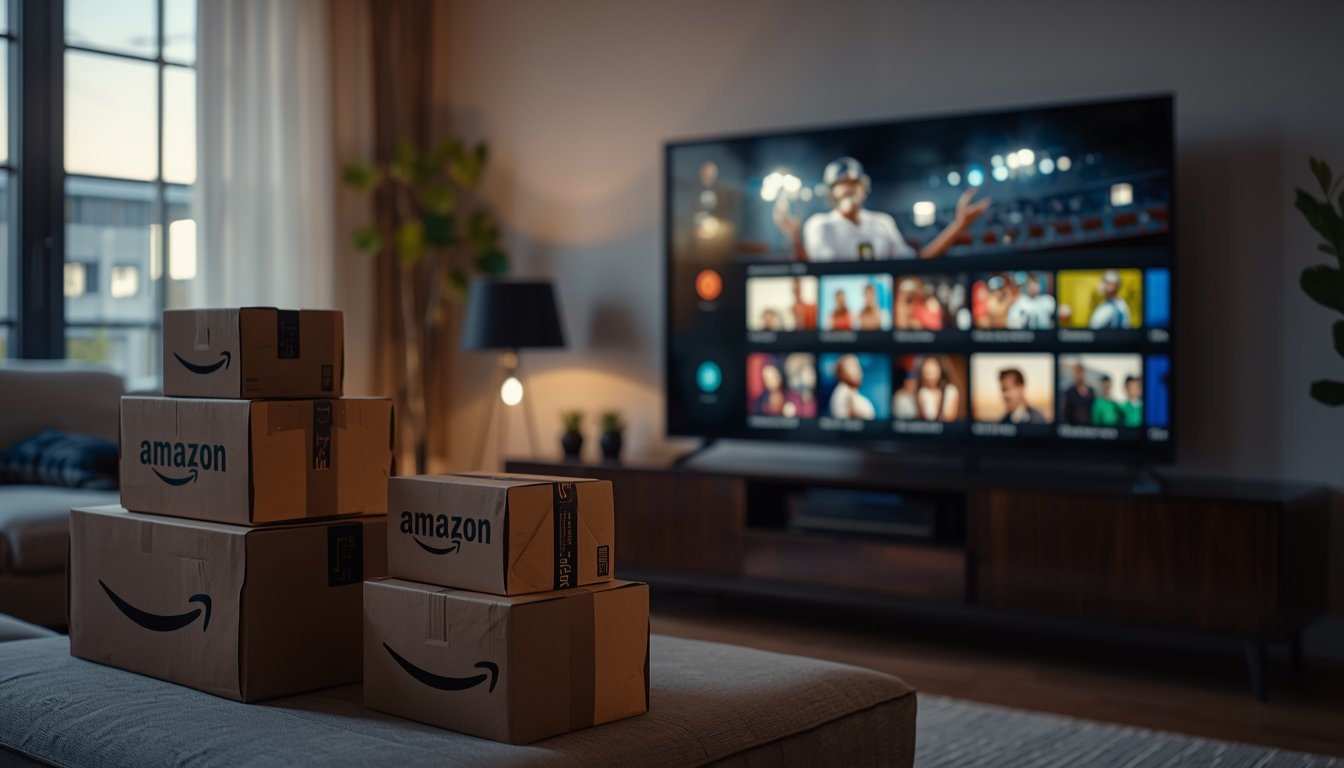 Modern living room with streaming TV and online shopping ecosystem integration